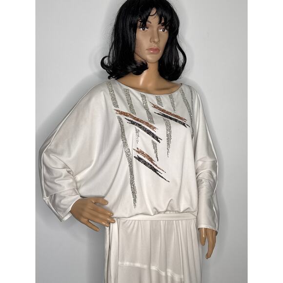 Vintage 1980s Riccardo White Batwing Dress Sequin Geometric Design medium - Picture 3 of 16
